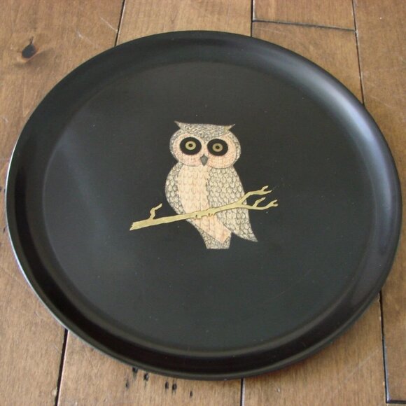 Vintage Couroc 10.5" Owl Black Round Serving Tray Plate Brass Wood Inlay MCM - Picture 1 of 8